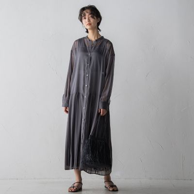 裾プリーツ切り替えシアーシャツワンピース≪洗濯機で洗える≫