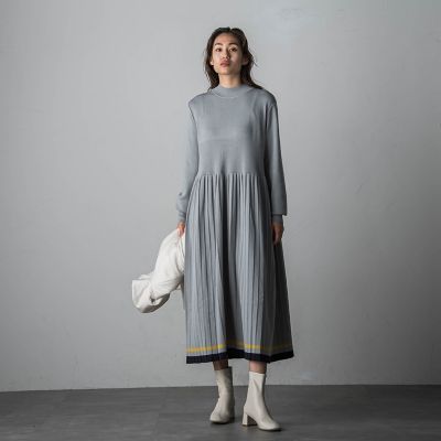 配色ラインプリーツニットワンピース≪手洗い可能≫