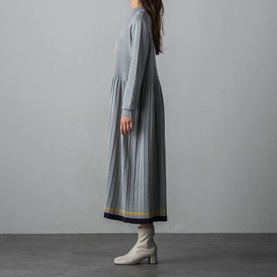 配色ラインプリーツニットワンピース≪手洗い可能≫