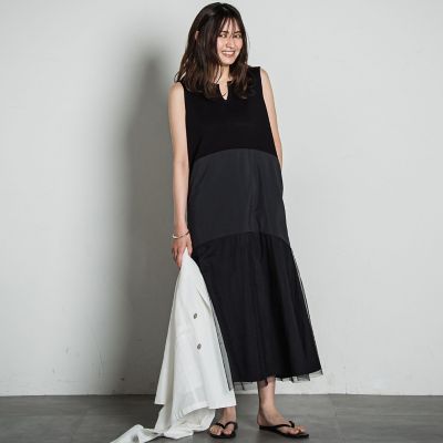 ＜MAYSON GREY（Women）＞【ＷＥＢ限定】異素材切替ノースリーブワンピース≪洗濯機で洗える≫