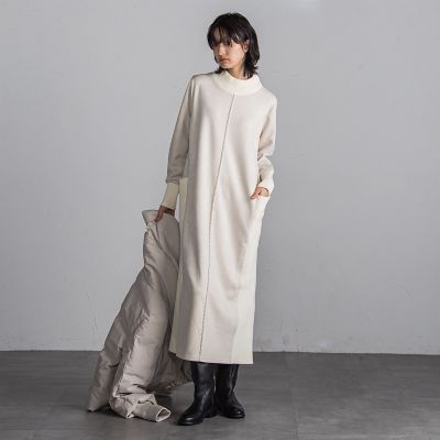 WEB限定】スウェード×ニットモックネックワンピース≪手洗い可能
