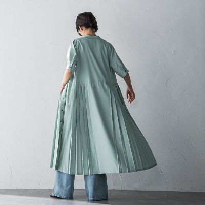 ５分袖サイドプリーツシャツワンピース≪手洗い可能≫