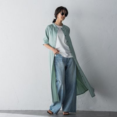 ５分袖サイドプリーツシャツワンピース≪手洗い可能≫