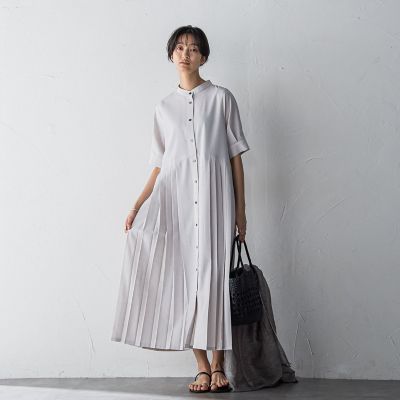 ５分袖サイドプリーツシャツワンピース≪手洗い可能≫