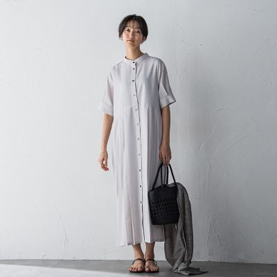 ５分袖サイドプリーツシャツワンピース≪手洗い可能≫