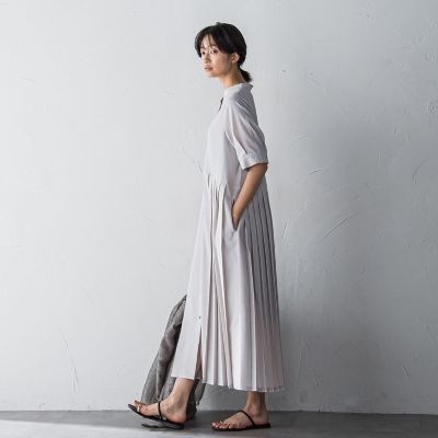 ５分袖サイドプリーツシャツワンピース≪手洗い可能≫