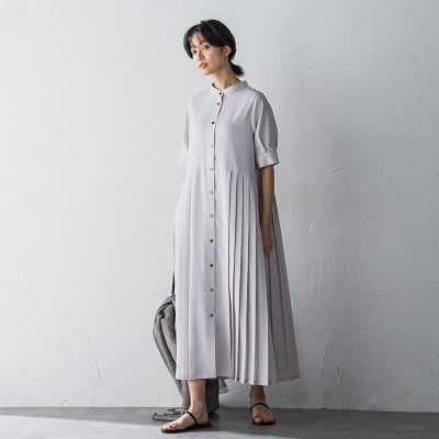 ５分袖サイドプリーツシャツワンピース≪手洗い可能≫
