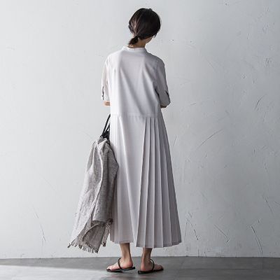 ５分袖サイドプリーツシャツワンピース≪手洗い可能≫