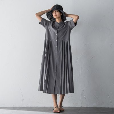 ５分袖サイドプリーツシャツワンピース≪手洗い可能≫