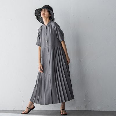 ５分袖サイドプリーツシャツワンピース≪手洗い可能≫