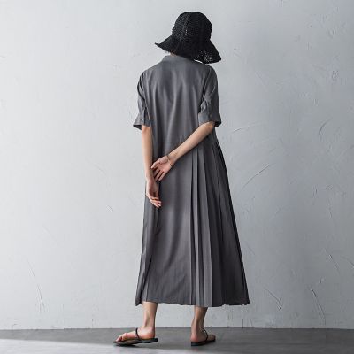 ５分袖サイドプリーツシャツワンピース≪手洗い可能≫
