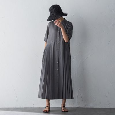 ５分袖サイドプリーツシャツワンピース≪手洗い可能≫