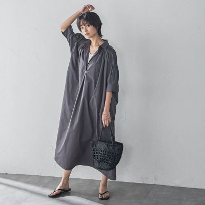 【ＷＥＢ限定】５分袖ギャザーシャツワンピース≪洗濯機で洗える≫