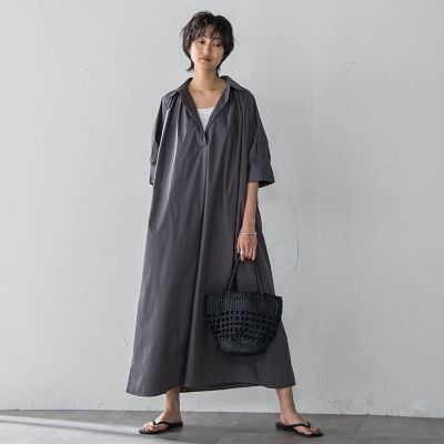 【ＷＥＢ限定】５分袖ギャザーシャツワンピース≪洗濯機で洗える≫