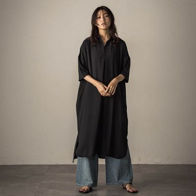 【美品】プランテーション　ワンピース　チュニック　製品洗い　スキッパー＆バンド襟 美品】プランテーション ワンピース チュニック 製品洗い
