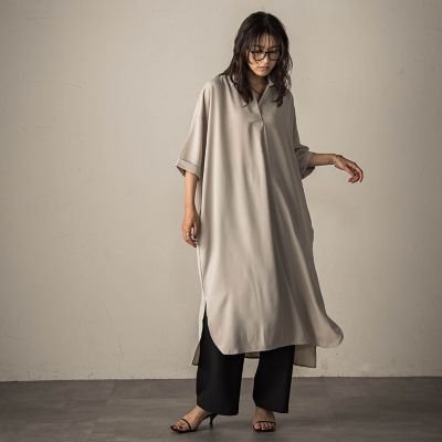 【美品】プランテーション　ワンピース　チュニック　製品洗い　スキッパー＆バンド襟 美品】プランテーション ワンピース チュニック 製品洗い