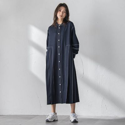 配色ステッチシャンブレーサイドプリーツワンピース≪手洗い可能