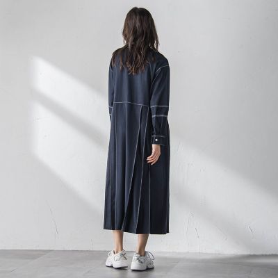 配色ステッチシャンブレーサイドプリーツワンピース≪手洗い可能
