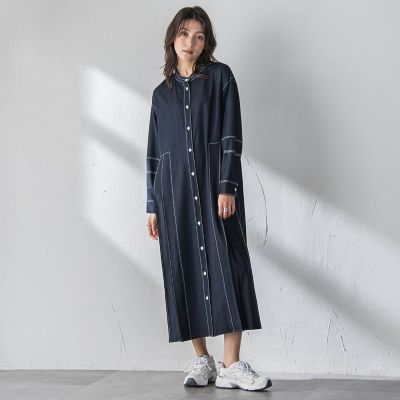 配色ステッチシャンブレーサイドプリーツワンピース≪手洗い可能