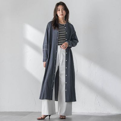 配色ステッチシャンブレーサイドプリーツワンピース≪手洗い可能