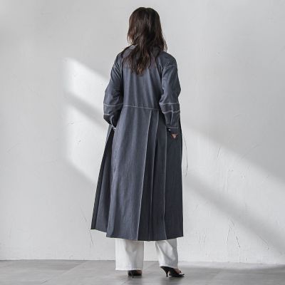 配色ステッチシャンブレーサイドプリーツワンピース≪手洗い可能