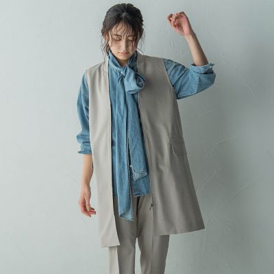極美品✨エムフィル　洗える　ノーカラー　ロングジレ　綿麻　ライトグレー　38 極美品✨エムフィル 洗える ノーカラー ロングジレ 綿麻 ライト