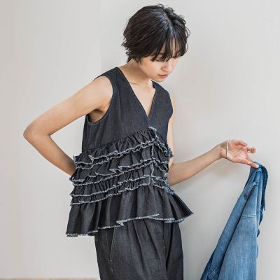 レイヤードフリルデニムベスト≪洗濯機で洗える≫