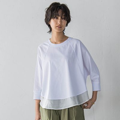 ７分袖ドライコットン混裾ドッキングドルマンプルオーバー≪洗濯機で洗える≫