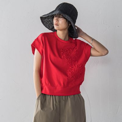 フラワーモチーフフレンチスリーブプルオーバー≪手洗い可能≫