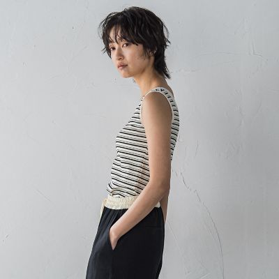 ランダムボーダーアシンメトリーリブタンクトップ≪洗濯機で洗える≫