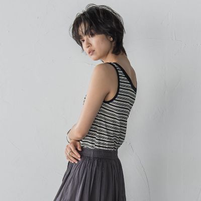 ランダムボーダーアシンメトリーリブタンクトップ≪洗濯機で洗える≫
