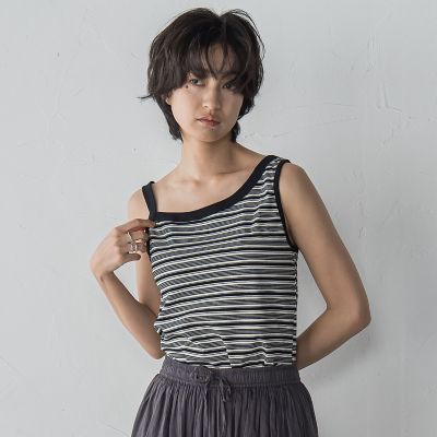 ランダムボーダーアシンメトリーリブタンクトップ≪洗濯機で洗える≫