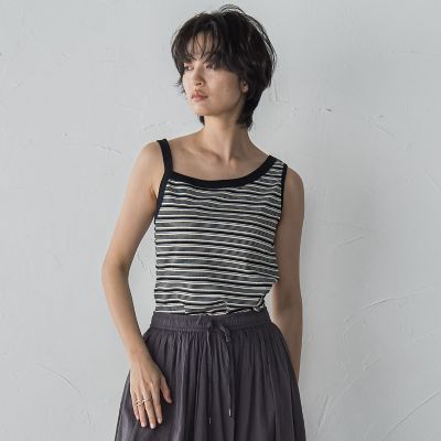 ランダムボーダーアシンメトリーリブタンクトップ≪洗濯機で洗える≫