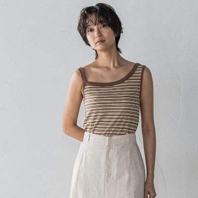 ランダムボーダーアシンメトリーリブタンクトップ≪洗濯機で洗える≫