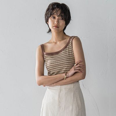 ランダムボーダーアシンメトリーリブタンクトップ≪洗濯機で洗える≫