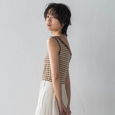 ランダムボーダーアシンメトリーリブタンクトップ≪洗濯機で洗える≫