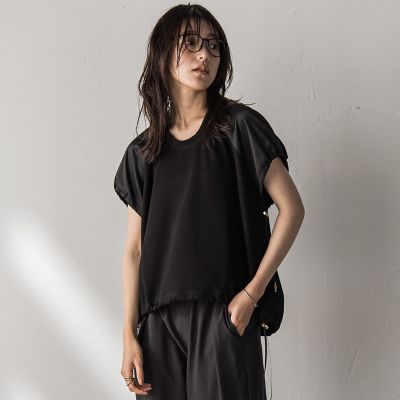 ＜MAYSON GREY（Women）＞【ＷＥＢ限定】異素材切替えドロストギャザープルオーバー≪洗濯機で洗える≫