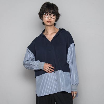 美品 メゾンスペシャル レース ドッキング レーヨンストライプシャツ ブルー F 美品 メゾンスペシャル レース ドッキング レーヨンストライプ