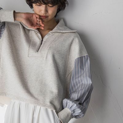＜MAYSON GREY（Women）＞ストライプスリーブハーフジッププルオーバー≪手洗い可能≫