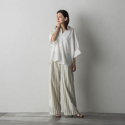 ストライプサイドベルトワイドパンツ≪洗濯機で洗える≫