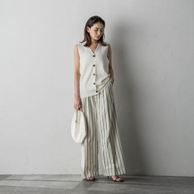 ストライプサイドベルトワイドパンツ≪洗濯機で洗える≫