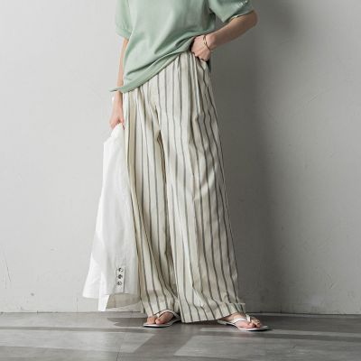 ストライプサイドベルトワイドパンツ≪洗濯機で洗える≫