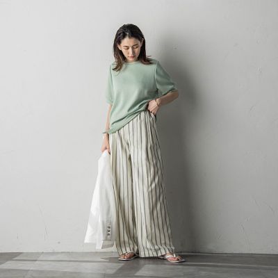 ストライプサイドベルトワイドパンツ≪洗濯機で洗える≫