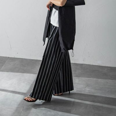 ストライプサイドベルトワイドパンツ≪洗濯機で洗える≫