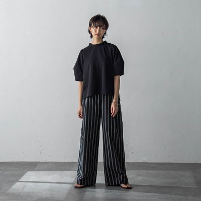 ストライプサイドベルトワイドパンツ≪洗濯機で洗える≫