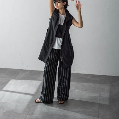 ストライプサイドベルトワイドパンツ≪洗濯機で洗える≫