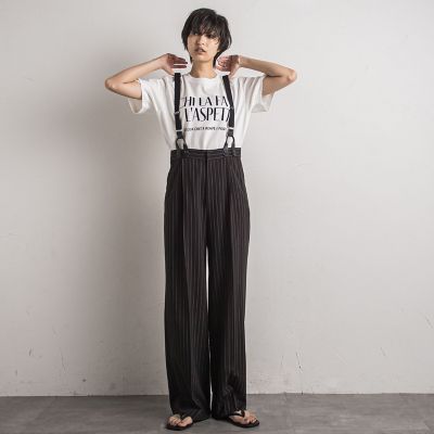 サスペンダー付きピンストライプワイドパンツ≪洗濯機で洗える≫