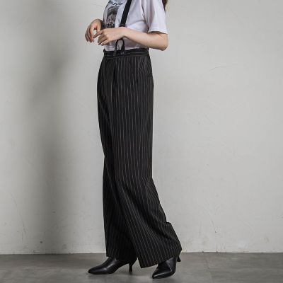 サスペンダー付きピンストライプワイドパンツ≪洗濯機で洗える≫
