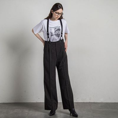 サスペンダー付きピンストライプワイドパンツ≪洗濯機で洗える≫