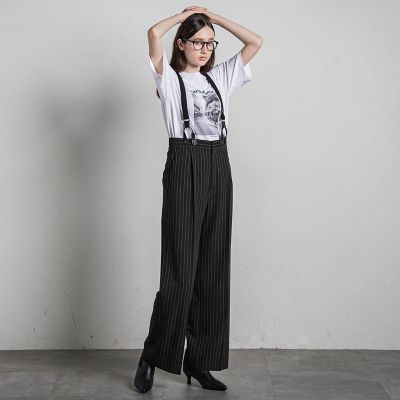 サスペンダー付きピンストライプワイドパンツ≪洗濯機で洗える≫